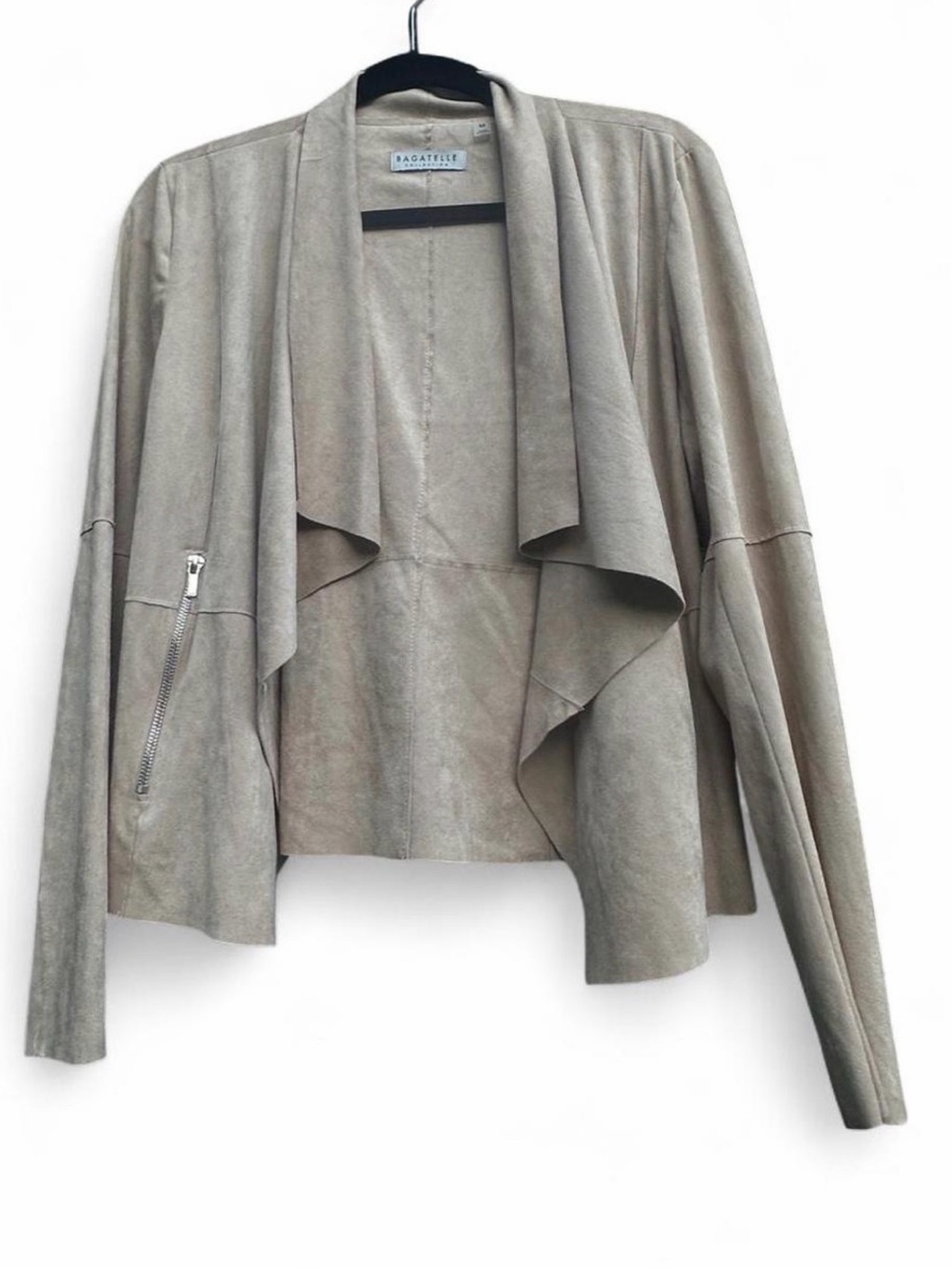Bagatelle Taupe Draped Faux Suede Open Jacket